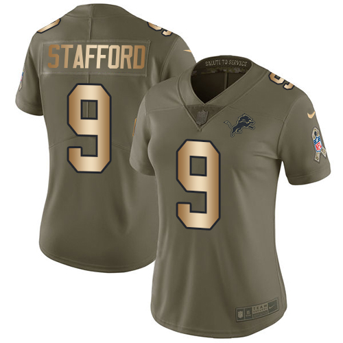 Nike Lions #9 Matthew Stafford Olive/Gold Women's Stitched NFL Limited Salute to Service Jersey